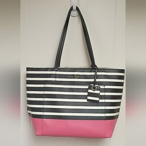 Kate Spade Hyde Lane Riley Dipper Tote Black and White Striped Tote w Pink Base